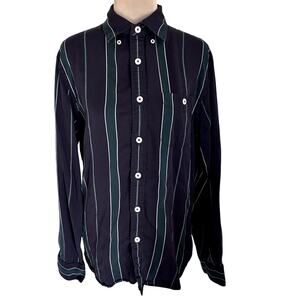 Todd Snyder NY Mens Navy Green Striped Tailored Button Down Shirt Preppy Casual